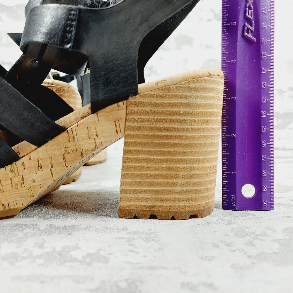 NEW Kork-Ease Camille Black Leather Block Heel Wedge Sandals E1014
